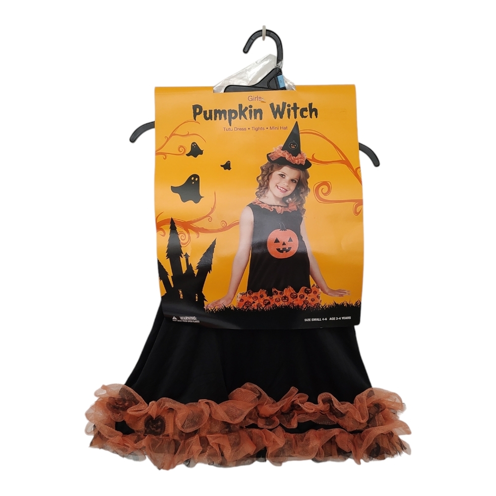 New Rubie's Pumpkin Witch Halloween Costume Tutu Dress, Tights and Hat Set Small